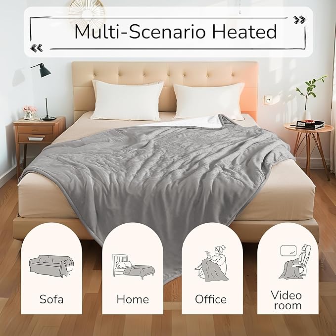 Electric Heated Blanket King Size 90"x100" - Dual-Sided with Microplush & Sherpa Fabric, 4 Heat Settings & 10 Hours Auto Off, Machine Washable - Light Gray