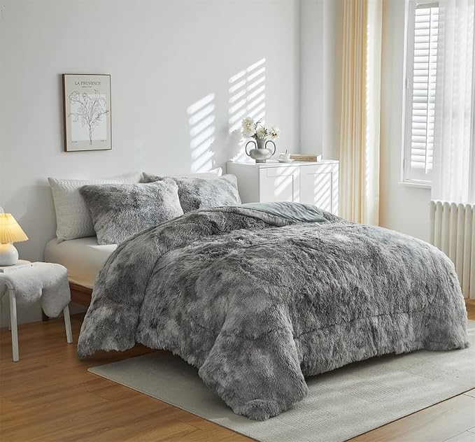Wajade Faux Fur Plush Tie Dye Grey White Comforter Set Fluffy Fuzzy Shaggy Bedding Set - 3PC Full/Queen Microfiber Soft Warm Quilt Set