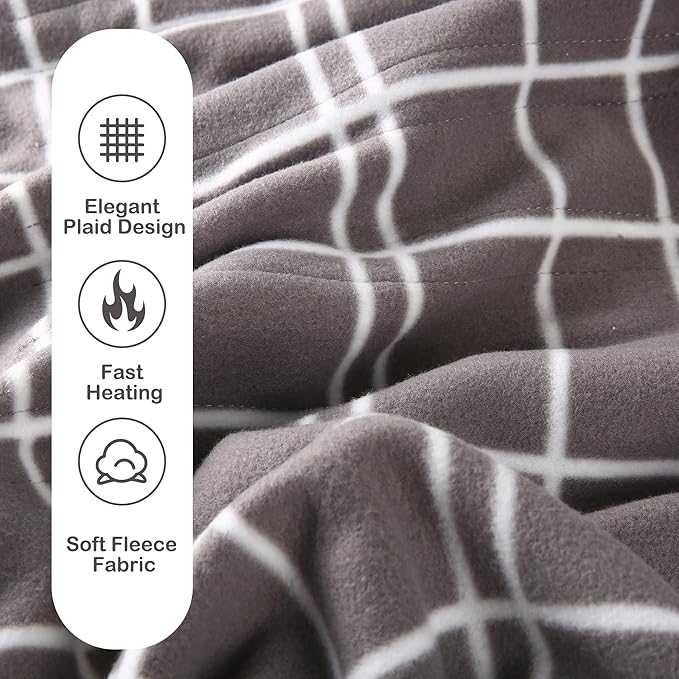 Electric Heated Blanket Queen Size 84"x90", 4 Heating Levels & 10H Auto Shut Off, Dual-Control, Soft Fleece, Machine Washable, Light Gray Plaid