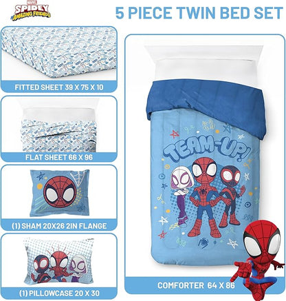 Jay Franco Kids Comforter Set Includes Sheets and Pillow Covers - Soft and Cozy Bed Set for Stylish Room Decor, Light Blue - Spidey & His Amazing Friends, 5 Piece Twin Bedding