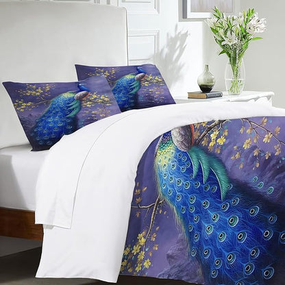 Peacock Theme 3 Pieces Duvet Cover Comforter Set with 2 Pillowcase Queen Size Purple Peacock Bed Sheet Quilt Bedroom Bedding for Lover Kids