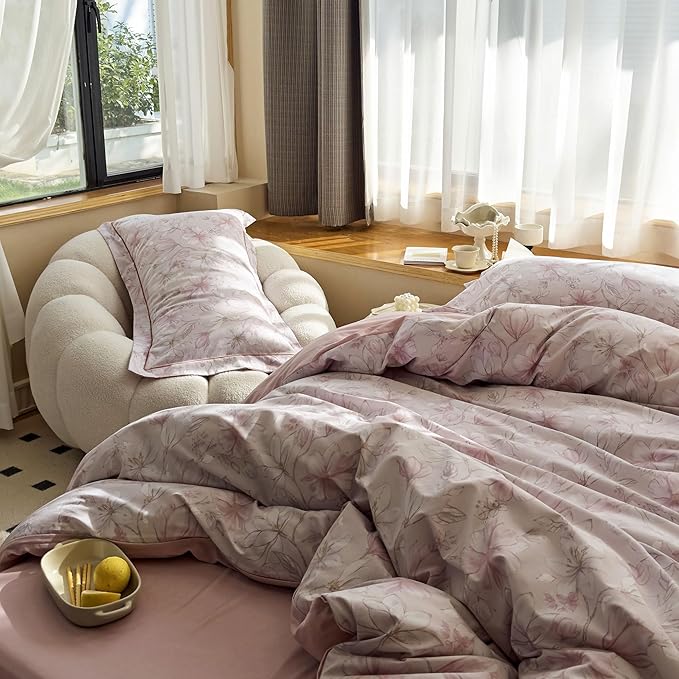AOJIM Pink Kids Adults Duvet Cover Set with Gardenia Patterns, Soft Comfy 100% Cotton Comforter Cover Set 3pcs, 1 AB Sided Quilt Cover Full Size and 2 Matching Pillowcases for Room Decor, No Quilt