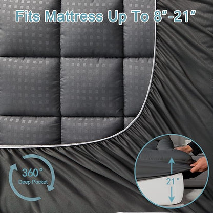 HYLEORY Queen Mattress Pad Quilted Fitted Mattress Protector Cooling Pillow Top Mattress Cover Breathable Fluffy Soft Mattress Topper with 8-21" Deep Pocket, Dark Grey