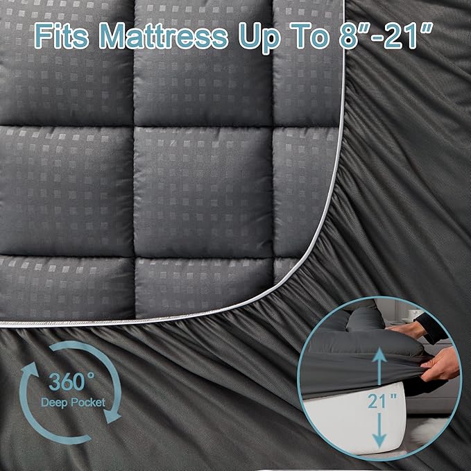 HYLEORY King Mattress Pad Quilted Fitted Mattress Protector Cooling Pillow Top Mattress Cover Breathable Fluffy Soft Mattress Topper with 8-21" Deep Pocket, Dark Grey