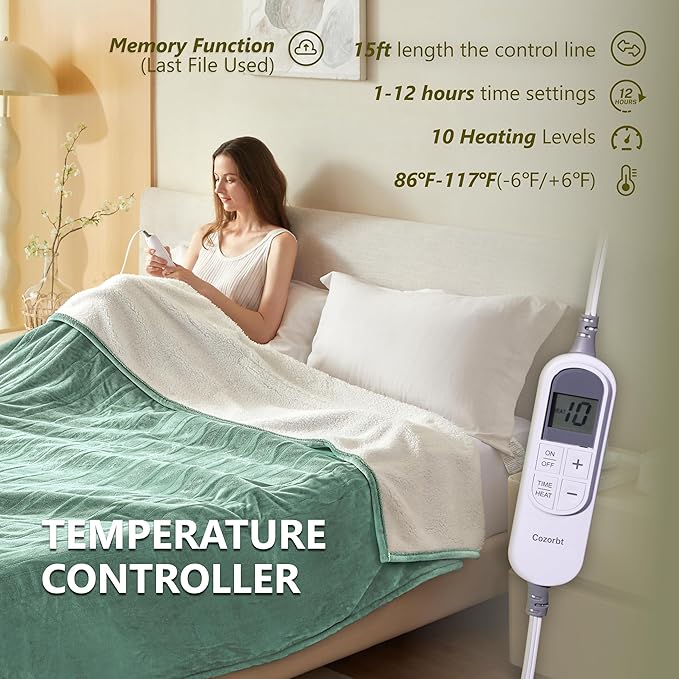 Heat Blanket 72”x84” Full Size,Soft Flannel & Sherpa Reversible Electric Blanket with 10 Heat Settings,12 Timer Setting and 8 Hours Auto-Shut Off,ETL Certified Machine Washable,Green
