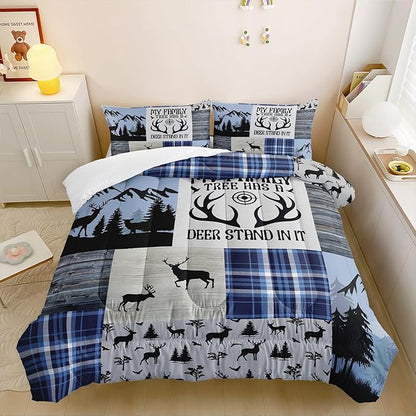 Snowy Forest Deer Comforter Set Queen Size, 3-Piece Blue Vintage Animal Plaid Bedding Set for Kids Adults Bedroom, Hunting Wildlife Deer Tree Bedding Set with 2 Pillowcases & 2 Shams