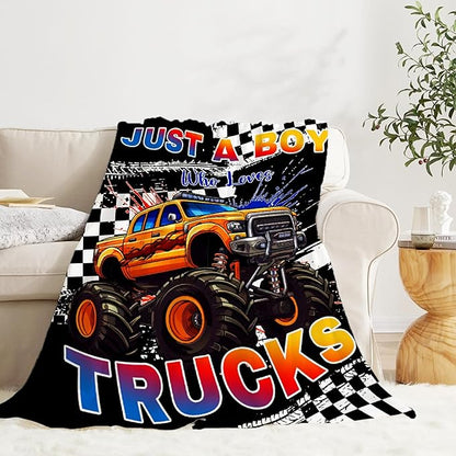 Trucks Blanket, Just A Boy Who Loves Trucks Gifts for Kids, Car Themed Flannel Blankets, Soft Cozy Lightweight Throws Gifts for Truck Lovers & Boys 80x60 Inch for Adult