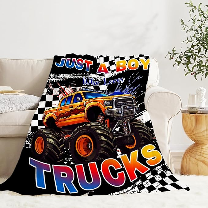 Trucks Blanket, Just A Boy Who Loves Trucks Gifts for Kids, Car Themed Flannel Blankets, Soft Cozy Lightweight Throws Gifts for Truck Lovers & Boys 40x50 Inch for Kid