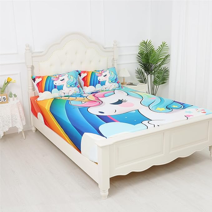 Unicorn Fitted Sheet Set, Rainbow Unicorn Bedding Sets Queen Size for Girls Kids Children Boys Teens Cartoon Sheets Bedspread Set,1 Flat Sheet 1 Fitted Sheet 2 Pillowcases
