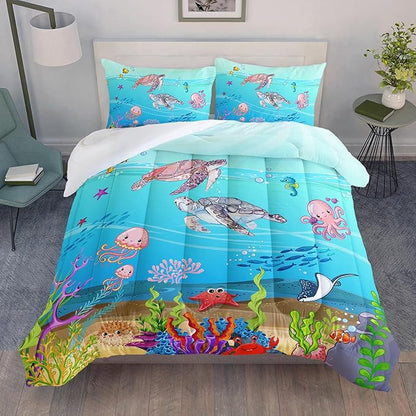 Turtle Comforter Set Twin Ocean Watercolor Sea Turtle Bedding Set Tropical Fish Marine Life Bed Set with 2 Pillowcases for Kids Room Decor