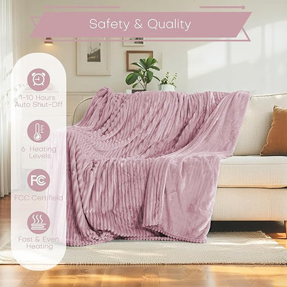 Electric Heated Blanket 84"x90" Queen Size with Cozy Flannel, 6 Heat Settings & 10 Hours Auto Off, Soft & Cozy Warming Throw for Home, Office, or Bed, Machine Washable,Pink