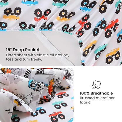 Mooreeke Twin Size Comforter Sets for Boys Kids, 6 Pieces Bed in a Bag Monster Truck Bedding Comforter Sheet Set with Shams and Decorative Toy Pillow, Ultral Soft Microfiber Kids Bed Set