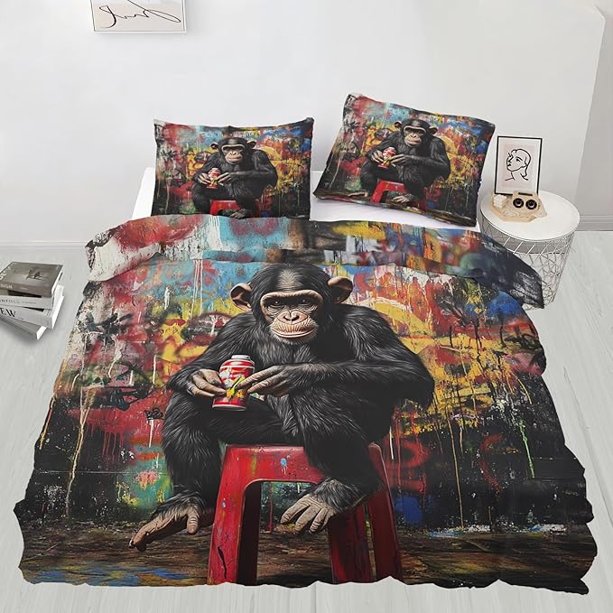 Gorilla Duvet Cover Twin Street Graffiti Gorilla Bedding Set 2 Piece for Kids Bedroom Fun Colorful Patterned Comforter Cover with Zipper Ties & 1 Pillowcases