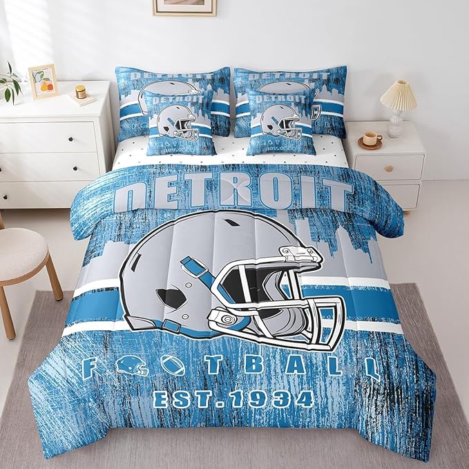 Erosebridal Classic Football Bedding Set King Football Bed in A Bag for Boys Men Women Sports Helmet Bed Set Rugby Sports Decor Comforter Sets with Sheets 7 Pieces