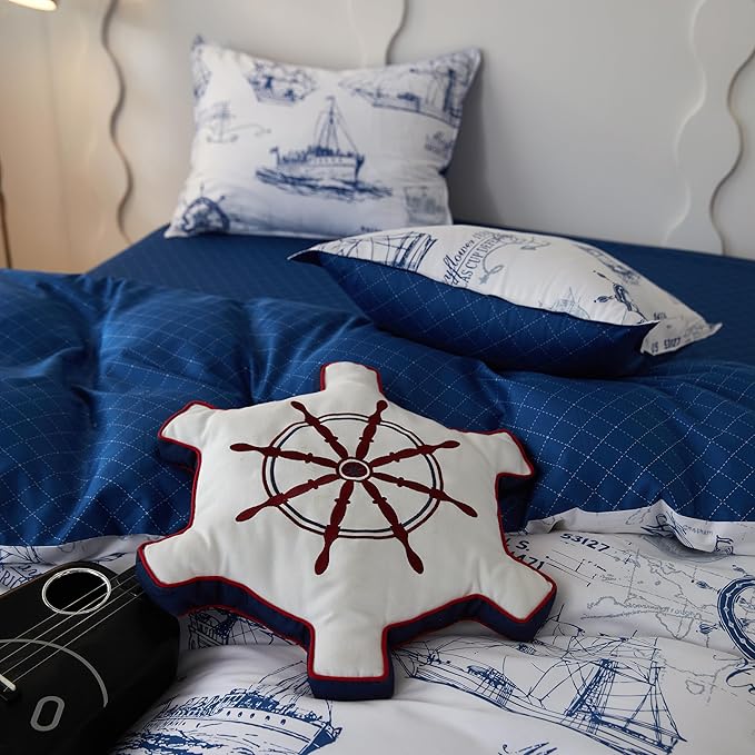 Simple&Opulence 100% Organic Cotton Duvet Cover for Kids Teens, 4 Pieces Soft Cartoon Comforter Cover with Zipper Closure, Boys Bedding Set with Sailboat Pattern,Full/Queen