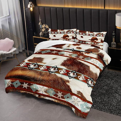 Boho Animal Fur Comforter Set 3 Pieces Queen Size, Mixed Coffee Brwon and White Long Hair for Boys Girls, 3 Pieces Warm Fuzzy Cozy Decorative Room with 2 Pillowcases All Seasons.