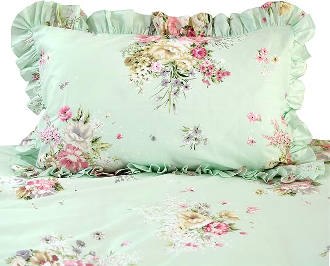 FADFAY Green Floral Duvet Cover Sets Vintage Flower Printed Bedding Ultra Soft 100% Cotton Twin Extra Long Designer Bedding Set 3 Pieces, 1duvet Cover & 2pillowcases (Twin XL Size, Ruffle Style)