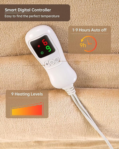 Electric Heated Blanket Twin Size, Washable Blanket Warmer for Home for Adults, Fast Heating Super Cozy Soft Flannel 62" x 84", 9 Heat Levels, 1-9H Auto-Off, ETL Certified, Camel