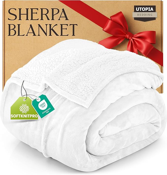 Utopia Bedding Sherpa Blanket Queen Size (White, 90x90 Inches) - Soft Plush Fleece Reversible Blanket for Bed, Sofa, Couch, Camping and Travel