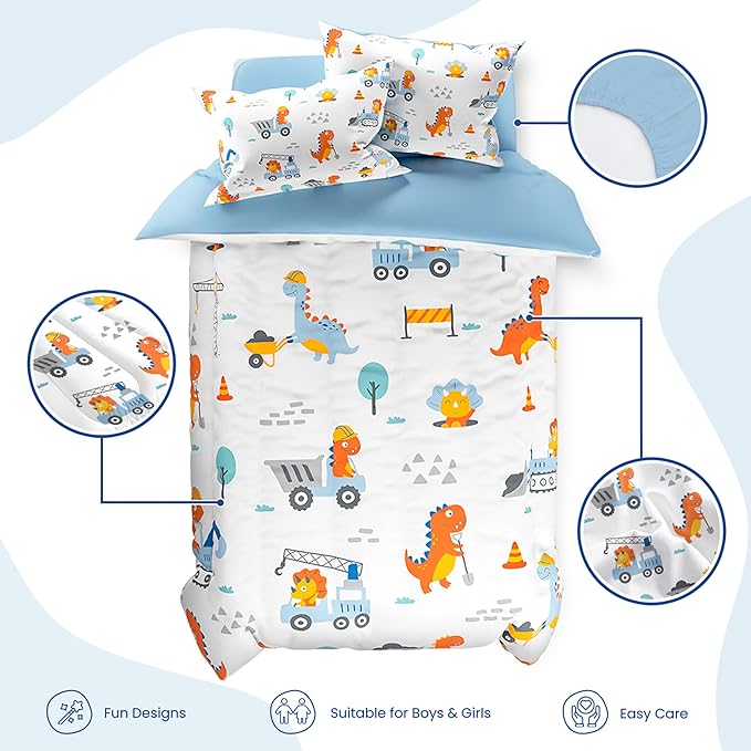 SANDJEST Dinosaur Comforter Set Full Size 98x86in for Kids Boys, Microfiber 4 Pcs Bedding Set Includes 1 Comforter, 2 Pillowcases, 1 Fitted Sheet, Nursery Room Decor