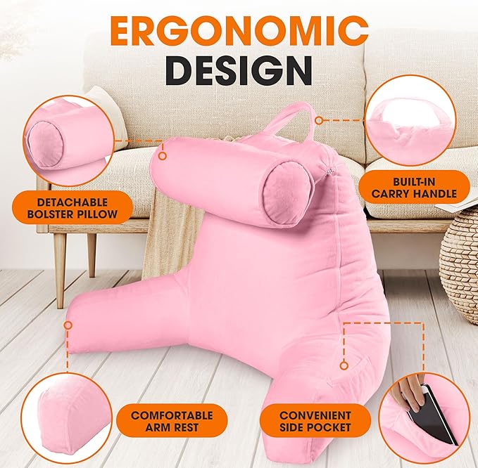 Cheer Collection Reading Pillow Chair - Chair Pillow with Arms and Detachable Neck Bolster for Bed & Couch - Machine Washable, Pink
