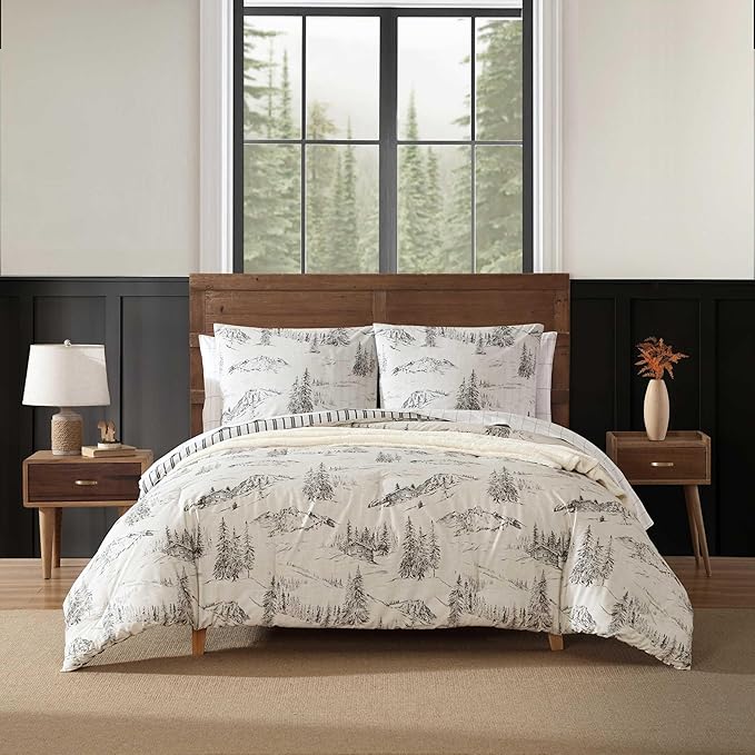 Eddie Bauer - Twin Comforter Set, Reversible Bedding with Matching Sham, Oeko-Tex Certified, Dorm Essentials (Rocky Mountain Cabin Grey)