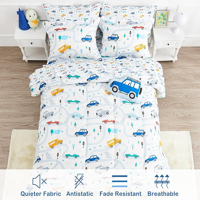 Mooreeke Bed in a Bag for Kids Boys Teens, 6 Pieces Twin Size Comforter Bed Set with Shams, Sheet Set and Decorative Toy Pillow, Cars White Super Soft Microfiber Kids Comforter Bedding Set