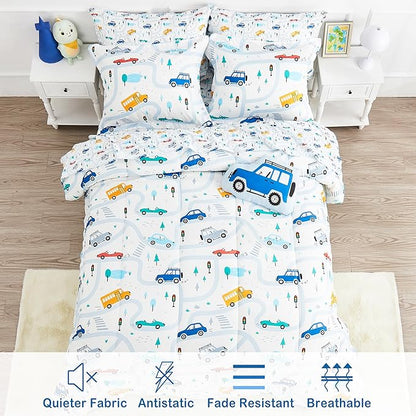 Mooreeke Bed in a Bag for Kids Boys Teens, 6 Pieces Twin Size Comforter Bed Set with Shams, Sheet Set and Decorative Toy Pillow, Cars White Super Soft Microfiber Kids Comforter Bedding Set