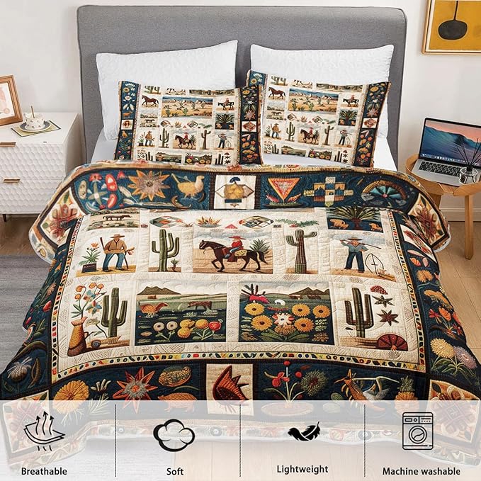 Western Wrangler Brown Horses Quilts Bedding Queen 3Pcs Chic Desert Scenery Cactus Bed Set Wild Plant Flower Pattern Bedspread Coverlet with 2 Pillowcases for Kid Boy Girl Teen Adult Room Decor