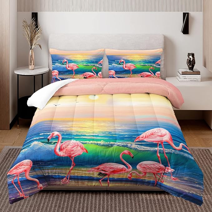 HOSIMA Flamingos Comforter,Pink Wild Flamingo Bedding Tropical Beach Room Decor,Seaside Home Decor Twin Comforter Set with 2 Pillow Cases,Hawaiian Vacation Style Bedding for Girls Women Kids.