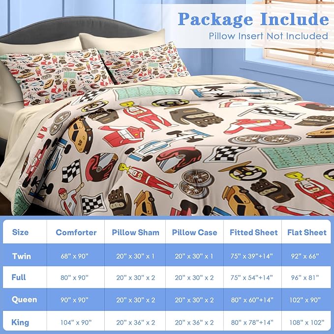 Comforter Set Full Size, Racing Car Competition 7 Pcs Bedding for Kids and Adults, Race Game Cute Wheel Bed Sheet Sets with Fitted Sheet 2 Pillowcases & 2 Shams for Bedroom Bed Decor