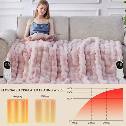 Heated Blanket Throw with 1/2/4/6/8 Hours Auto-Off 10 Heat Level, 90'' * 100'' Cozy Faux Rabbit Fur Bubble Electric Blanket with Overheat Protection(Tie-Dye Pink)