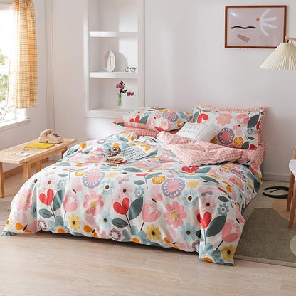 Floral Botanical Duvet Cover Queen, 100% Cotton 3 pcs Queen Botanical Bedding Set for Girls, Reversible Floral Themed Blossom Fresh Plant Duvet Cover, with Zipper Closure, Breathable (No Comforter)