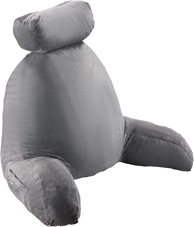 VEVOR Reading Pillow, Extra Large Bed Pillow for Sitting Up with Removable Headrest &3 Pockets, Back Pillow for Bed with Shredded Memory Foam, Pillow with Arms for Reading, Gaming, Resting, Grey