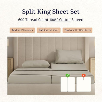 California Design Den Split King Sheet Set - 100% Cotton, 600 Thread Count, Breathable Luxury King Size Sheets for Adjustable Bed, Luxury Hotel-Quality Sheets with Soft Sateen Weave (Cool Taupe)