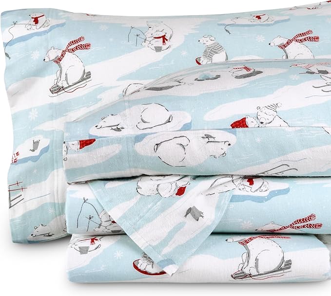Bare Home Cotton Flannel Sheet Set Prints, 100% Cotton, Velvety Soft Heavyweight - Double Brushed for Softness & Comfort - Deep Pocket - Bed Sheets - Cotton - Flannel - Printed (King, Polar Bears)