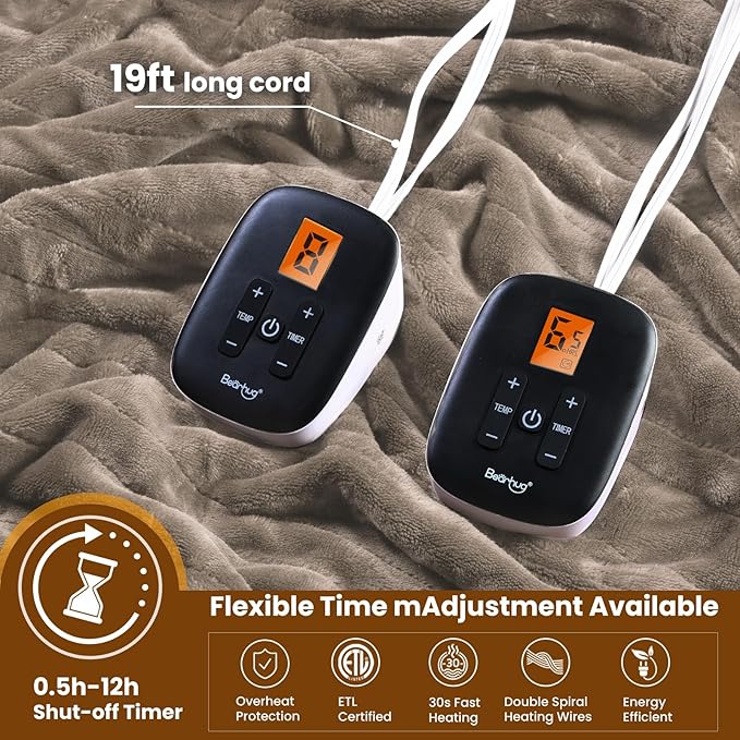 Bearhug Velvet Electric Blanket King Size 100" x 90" Taupe Double Sided 10 Heating Levels & 0.5-12H Auto Off Over-Heat Protect ETL Certified,Machine Washable,Dual Controller