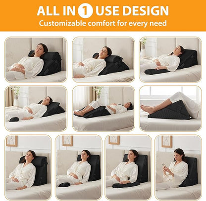 3PCS Wedge Pillow Set for After Surgery, Adjustable 9&12 Inch Bed Wedge Pillow for Sleeping, Incline Pillow Wedge for Headboard, Post Surgery, Acid Reflux, Neck&Back Support, Air-Layer Black