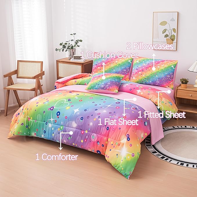 MWMWMW 6 Pcs Girls Twin Comforter Set, Colorful Rainbow Galaxy Bedding Sets, Twin Bedding Sets for Girls Kids with 1 Comforter, 1 Flat Sheet, 1 Fitted Sheet, 1 Pillow Cover, 2 Pillowcases