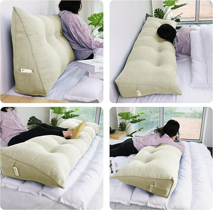 14 lbs Thickened King Headboard Pillow Wedge Pillow Headboard Reading Pillow Bed for Backrest Reading Triangular Pillow with Side Pocket for Sitting in Bed Cotton Linen White
