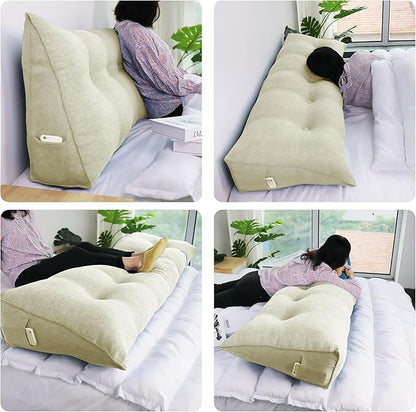 14 lbs Thickened King Headboard Pillow Wedge Pillow Headboard Reading Pillow Bed for Backrest Reading Triangular Pillow with Side Pocket for Sitting in Bed Cotton Linen White