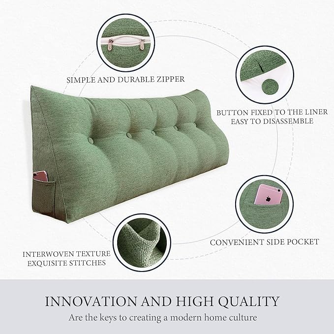 Headboard Pillow Wedge King Size Large Bolster Pillow for Bed Triangle Reading Pillow Back Support Pillow for Sitting Up in Bed XXL Couch Daybed Bed Rest Backrest Cushion Linen Sage Green