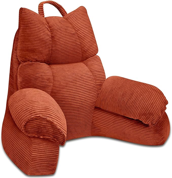 RRPAHWTV Reading Pillow for Bed with High Arm Rests,Back Support Pillow for Sitting Up in Bed with Shredded Memory Foam for Reading, TV, Gaming or Relaxing on Floor（Bright Orange，Large）