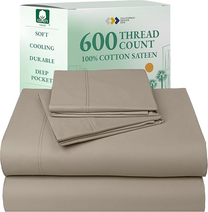 California Design Den California King Sheet Set - 100% Cotton, 600 Thread Count Deep Pocket Cal King Sheet Set, Luxury Soft Hotel-Quality Sheets with Sateen Weave (Cool Taupe)