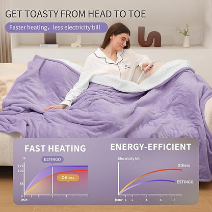 ESTINGO Electric Throw Blanket, Heated Blanket Flannel Sherpa with 4 Hours Auto Off & 5 Heating Levels, Washable Heating Throw with Overheat Protection for Home, Ideal Gift, 50"x60", Lavender Violet