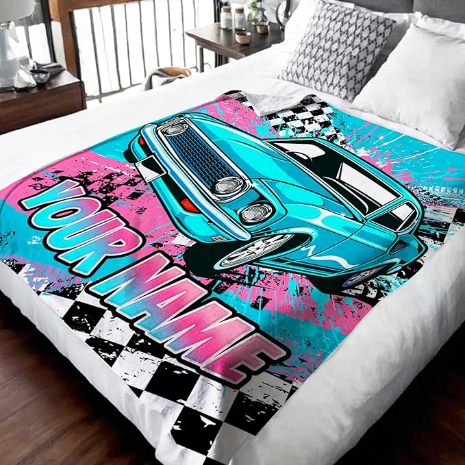 Blanket for Boys, Personalized Car Throw Blanket Gifts for Kids Boys Age 6-8, 40"x50" Cute Custom Flannel Blankets Gift for Son Cars Lovers Lightweight Throws for Couch Sofa Bed Decor