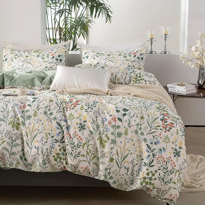 Queen Duvet Cover Set Floral 100% Soft Cotton 3 Pieces Flower Bedding Set for Girls Fresh Chic Garden Style Green Botanical Floral Pattern Printed Flower Queen Duvet Cover, with Zipper Closure