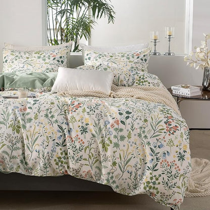 Queen Duvet Cover Set Floral 100% Soft Cotton 3 Pieces Flower Bedding Set for Girls Fresh Chic Garden Style Green Botanical Floral Pattern Printed Flower Queen Duvet Cover, with Zipper Closure