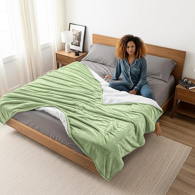 Utopia Bedding Sherpa Blanket California King Size (Sage Green, 102x96 Inches) - Soft Lightweight Plush Fleece Reversible Blanket for Bed, Sofa, Couch, Camping and Travel
