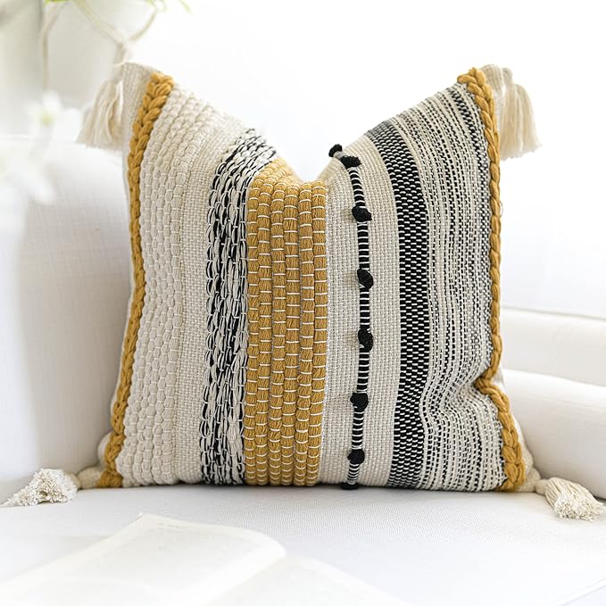 BlissBlush Boho Decorative Throw Pillow Cover 22x22 Square Yellow Mustard Accent Pillowcase Tassels Farmhouse Cushion for Couch Sofa Bedroom Living Room Home Décor Cover ONLY (Pack of 1)